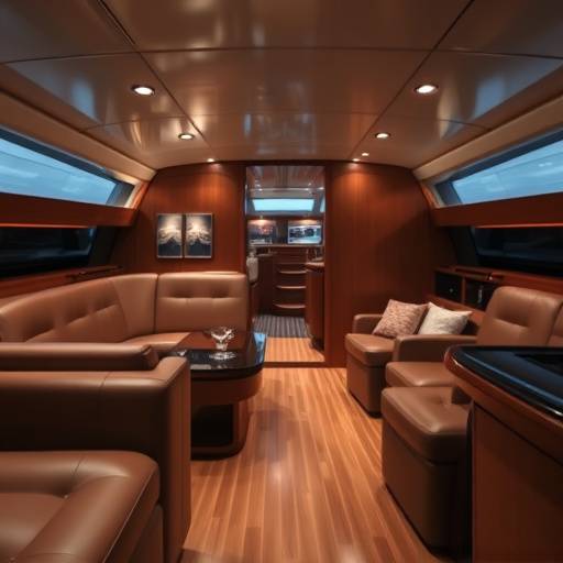 Interior lujoso de un yate con muebles de cuero y detalles de madera