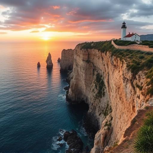 Paisaje de Menorca con acantilados y un faro al atardecer