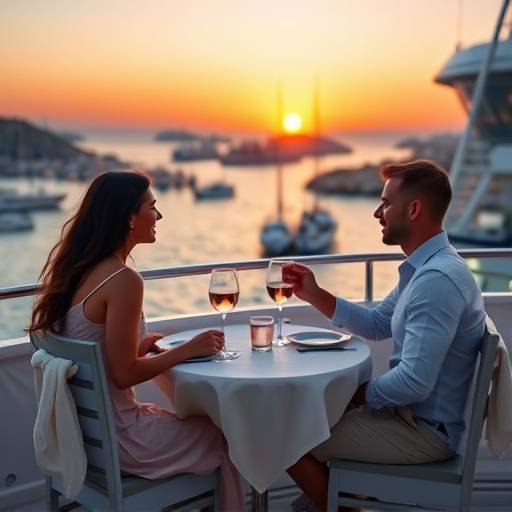 Pareja cenando en la cubierta de un yate con vistas a las Islas Baleares