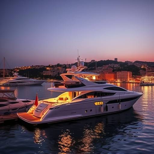 Yate atracado en el puerto de Ibiza con la ciudad iluminada de fondo